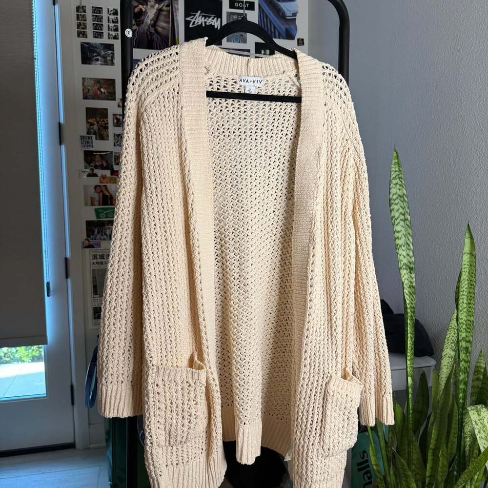 Ava & Viv Open Front Cardigan Size 1X Cream Open Knit Pockets